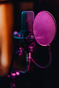 Close-up of a professional condenser microphone and pop filter in a recording studio.